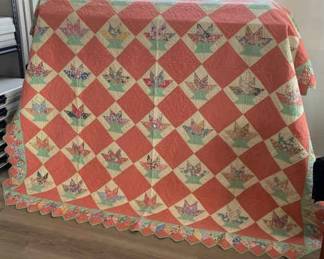 Beautiful Hand Quilted Pink Quilt With Green Back And Scalloped Edges
