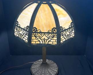 Miller Lamp 1078 Eight Panel Stained Glass Lamp With Cast Metal Base