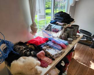 Hats, gloves, scarves, bathrooms items, pants, capris