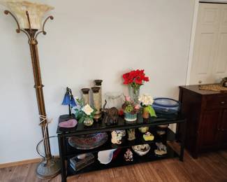 Floor lamp, decor items, TV stand
