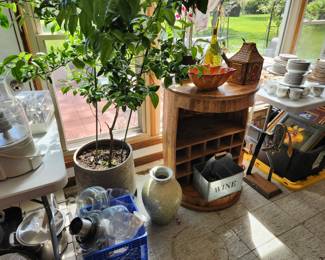 Plants, decor, wine barrel table