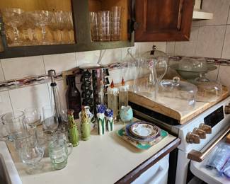Salt & pepper shakers, misc glasses, glassware