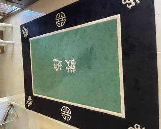 Custom made green Chinese Wool Rug - Character say welcome representing good fortune longevity and happiness
