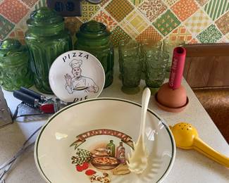 Vintage Pasta Bowl, Mid Century LE Smith Green Moon Stars Glass Canisters