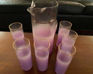 Mid Century West Virginia Blendo Glass Company. Lilac Pitcher with Ice Lip, 6 High Ball Glasses