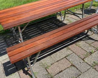 Out Door. Red Wood/Metal Picnic Bench with 2 Long Bench's