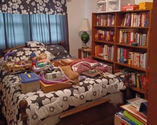 Bedroom with shelves of books-Bible's