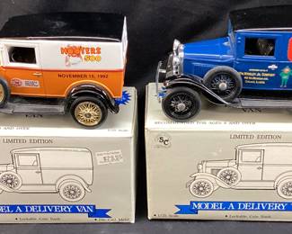 (2) LIBERTY CLASSICS DIE CAST METAL MODEL A DELIVERY VAN BANKS WITH BOXES