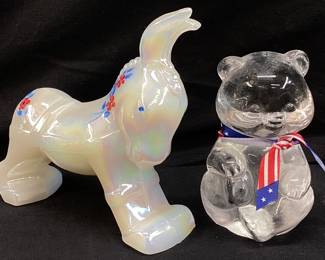(2) FENTON 1988 LIMITED EDITION DONKEY & 1991 SITTING BEAR CUB w FLAG SCARF FIGURINES