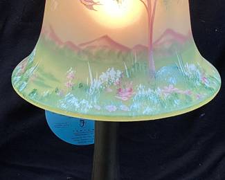 FENTON SATIN GLASS HAND PAINTED LANDSCAPE LAMP, SIGNED