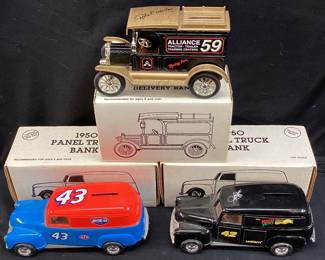 (3) ERTL DIE CAST METAL BANKS, 1913 MODEL ‘’T’’ DELIVERY VAN, 1950 PANEL TRUCKS