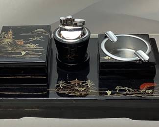 ASSORTED VTG. LIGHTERS, JAPANESE LAQUER ASHTRAY SET, EVANS, HEIRLOOM