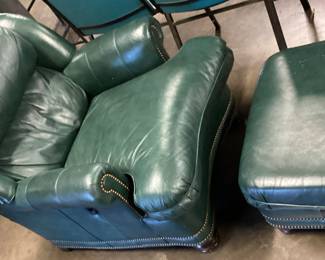HANCOCK & MOORE GREEN LEATHER ARMCHAIR & OTTOMAN