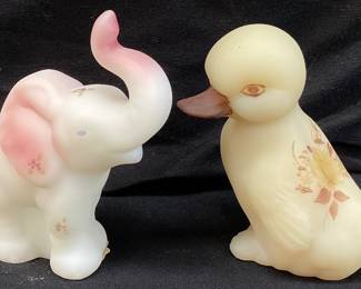 (2) FENTON 1984 BERRIES & BLOSSOMS ELEPHANT & 1981 DUCK FIGURINES, BOTH HAND PAINTED & SIGNED