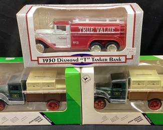 (3) ERTL DIE CAST METAL BANKS, 1930 DIAMOND ‘’T’’ TANKER, JOHN DEERE TRUCKS