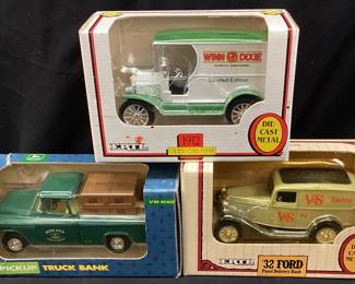 (3) ERTL DIE CAST METAL BANKS, 1912 OPEN CAB, 1955 PICKUP TRUCK, 1932 FORD PANEL DELIVERY