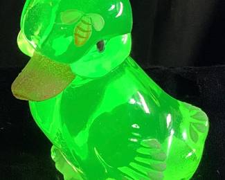 2001 FENTON PNWFA URANIUM TOPAZ DUCK FIGURINE, HAND PAINTED, SIGNED, PACIFIC NORTHWEST FENTON ASSOCIATION