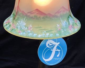 FENTON SATIN GLASS HAND PAINTED LANDSCAPE LAMP, SIGNED
