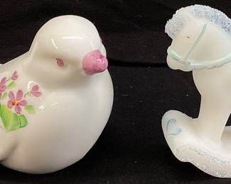 (2) FENTON 1980 VIOLETS-IN-THE SNOW BIRD & ROCKING HORSE FIGURINES, HAND PAINTED, SIGNED