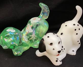 (2) FENTON 1995 PNWFA DALMATIAN & CARNIVAL GLASS 95th ANNIVERSARY PUPPY FIGURINES