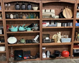CHOICE SHELF LOTS, DECOR, GLASSWARE, AMBER, GREEN POT PANS, TOOLS, COLLECTIBLES, BLENDER