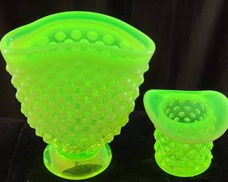 FENTON TOPAZ HOBNAIL URANIUM GLASS VASE & MINI TOP HAT