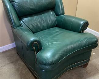 HANCOCK & MOORE GREEN LEATHER ARMCHAIR & OTTOMAN