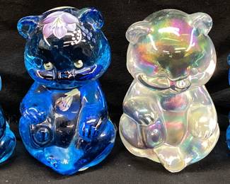(4) FENTON SITTING BEAR CUB FIGURINES, CRYSTAL IRIDESCENT & HAND PAINTED 3.5’’H, MINIS 2.5’’H
