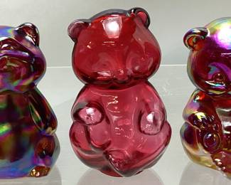 (3) FENTON SITTING BEAR CUB FIGURINES, RUBY IRIDIZED & RUBY OVERLAY