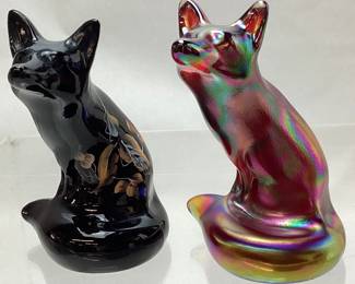 (2) FENTON 1994 RUBY IRIDIZED FOX & BLACK AUTUMN LEAVES FOX, HAND PAINTED BY DANE FREDRICK FIGURINES