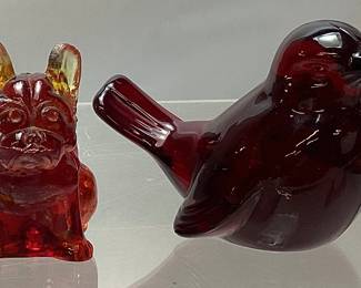(2) FENTON FIGURINES, 1933-36 RUBY BULLDOG MOLD #307 & RUBY BIRD