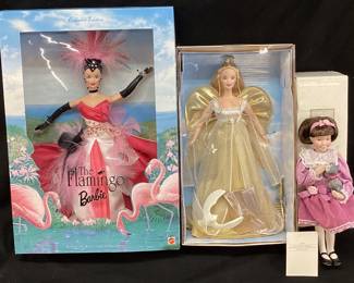 (3) 1998 FLAMINGO & 1999 ANGELIC INSPIRATIONS BARBIES, AVON CHILDHOOD DREAMS ‘’KITTY LOVE’’ DOLL, NIB