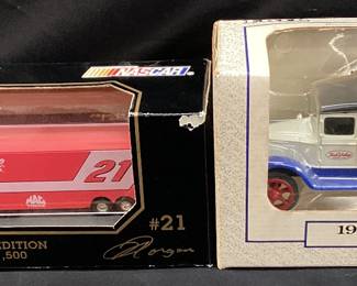 (2) RACING CHAMPIONS 1994 NASCAR #21 TRANSPORTER & ERTL 1931 DELIVERY TRUCK BANK