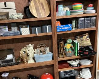 CHOICE SHELF LOTS, DECOR, GLASSWARE, AMBER, GREEN POT PANS, TOOLS, COLLECTIBLES, BLENDER