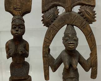 (2) OSHE SHANGO CEREMONIAL DANCE WANDS, WOOD CARVED