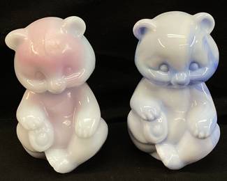 (2) FENTON SITTING BEAR CUB FIGURINES, 1985 BLUE BURMESE & BLUE MARBLED