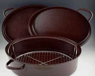 Vintage Enameled Cast Iron 3Pc Oval Dutch Oven