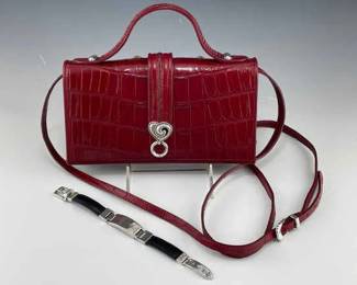 Brighton Croc Embossed Patent Leather Crossbody and Silver Engraved Identity Bracelet