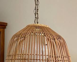 Mid Century Bamboo Rattan Slatted Shade Hanging Swag Light
