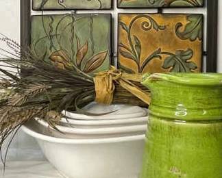 Metal Embossed Floral Wall Art, Italian Nesting Bowls Stoneware Pitcher