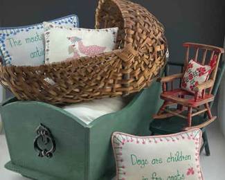 Vintage Painted Doll Bed, Wooden Doll Chairs, Handmade Woven Basket and More
