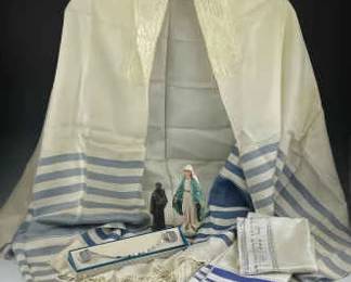 Virgin Mary Chalkware and Pewter St. Anthony Statues, Prayer Shawls and Clips