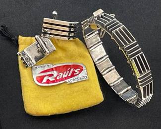 001 Antonio Pineda Sterling Modernist Bracelet And Cuff Link Set, Circa 1960s