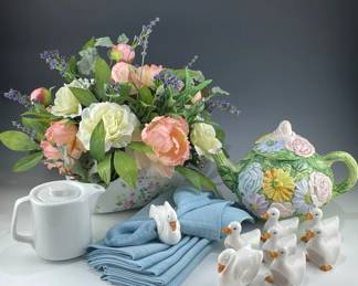 Italian Majolica Floral Teapot, Silk Florals, Linens, Swans, Chicks More