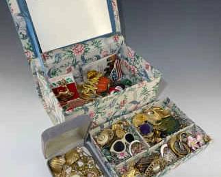 Vintage Jewelry Box Filled With Earrings, Brooches, Necklaces and More