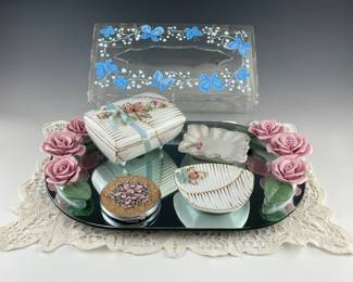 Vintage Vanity Items Including Andrea by Sadek Porcelain Dresser Set