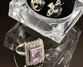 Sterling and Onyx Dangle Earrings Amethyst Ring