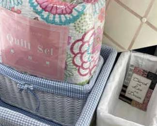 Pottery Barn White Wicker Baskets, Floral Quilt Set and More