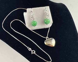 14K Carved Jade Drop Earrings and Sterling Box Link Chain with Puff Heart Pendant