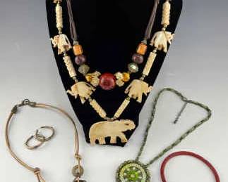 Hand Carved Bone Elephant Necklace and Other Costume Jewelry